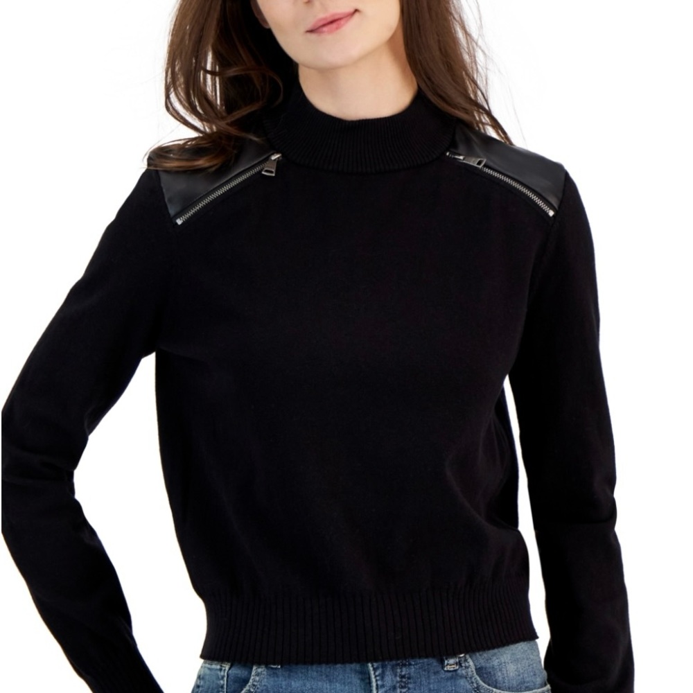 NWT DKNY Jeans Faux Leather Trim Zipper Sweater